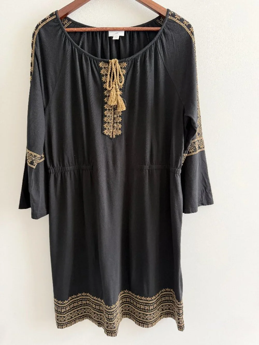 J. Jill Embroidered Peasant Tunic Dress Black Gold Boho Shift Large - Picture 2 of 12